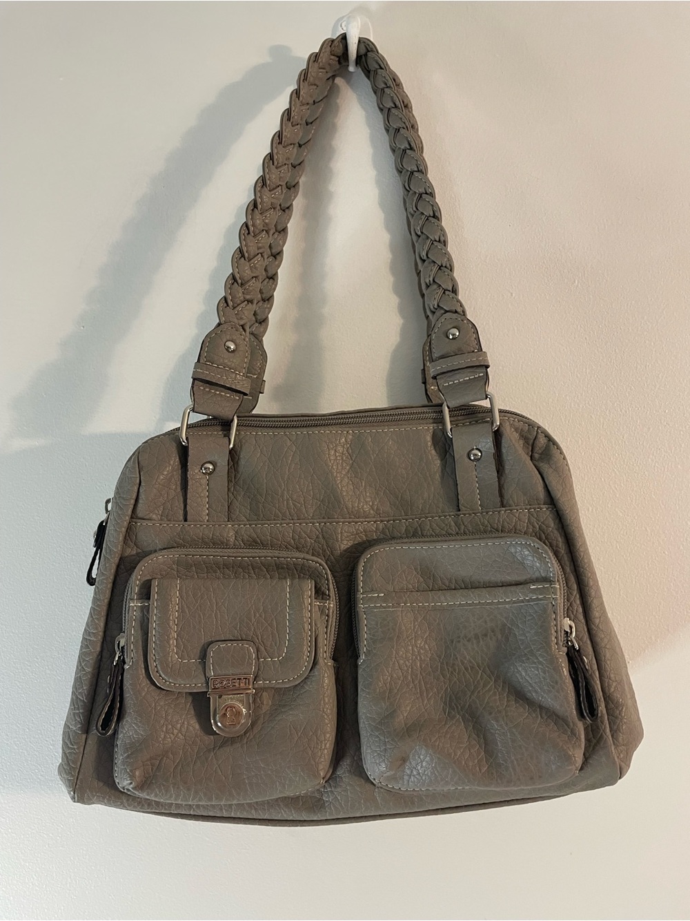 Shoulder Purse Bag Satchel Braided Double Handle Gray Y2K Faux Leather